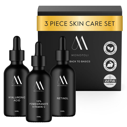 Monopoli Skin Back to Basics 3-Piece Anti-Aging Serum Set Vitamin C, Hyaluronic Acid & Retinol
